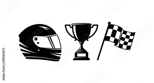 Racing Helmet Trophy and Checkered Flag Icons.