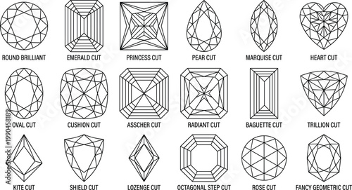 Diamond shapes and gemstone cuts collection line art illustration, jewelry design set with brilliant princess oval marquise and heart styles