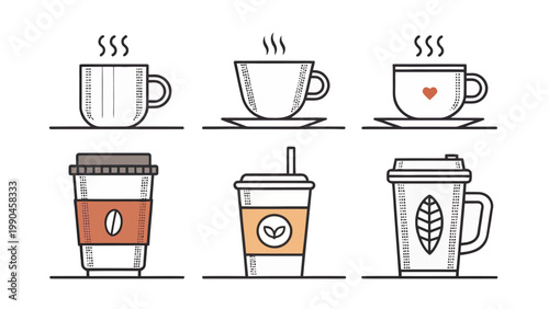 Minimal line art cups and mugs icon set with coffee tea and takeout containers in clean vector style for design and branding