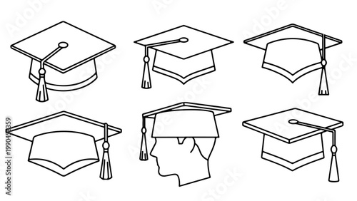 Graduation Cap Line Icon Set – 6 Education Icons with Mortarboard and Student Symbol