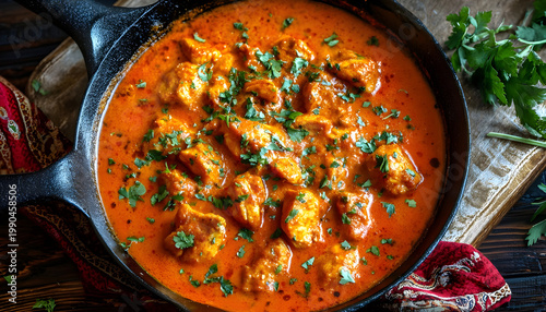 Delicious chicken tikka masala curry in cast iron pan