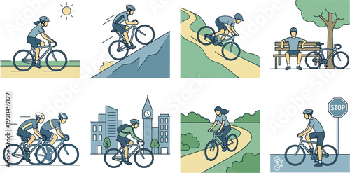 Illustrations of diverse urban cyclists in various scenarios Vector