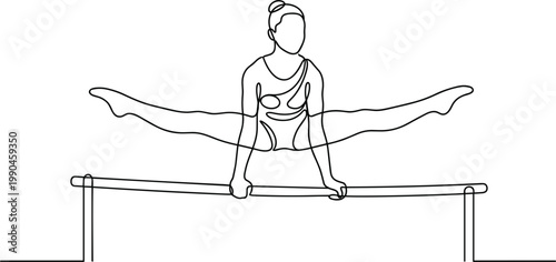 Female gymnast performing split on uneven bars artistic gymnastics training flexibility sport line art vector illustration