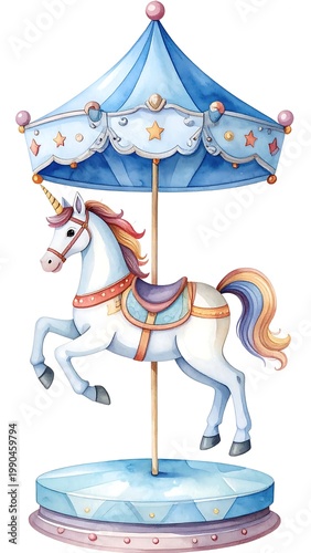 Watercolor Carousel Unicorn Illustration With Blue Tent Top And Pastel Rainbow Mane Isolated On White Background