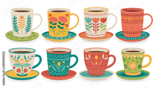 Colorful espresso cups collection with saucers small coffee mugs vibrant designs and patterns on a white background