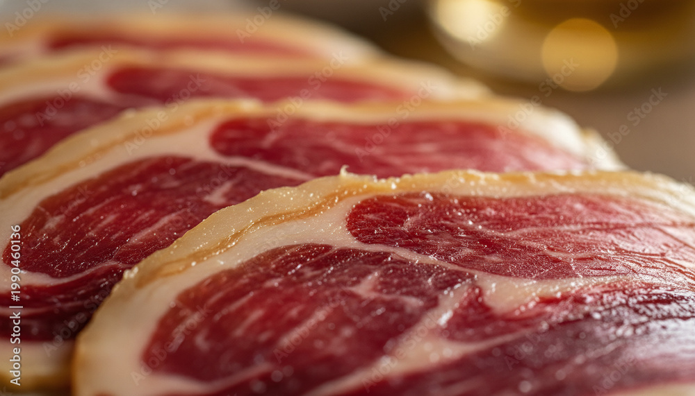 Obraz premium Sliced Jamon Iberico de Bellota meat texture with sweating golden fat