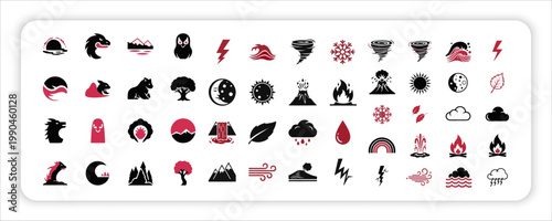 Nature Forces web Icon Collection Vector Silhouette Symbols of Storm, Tornado, Volcano, Wave, 
Fire, Wind, Earthquake and Natural Disaster Elements