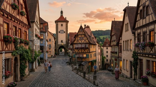 Charming Historic Village with Scenic Sunset over Cobblestone Street