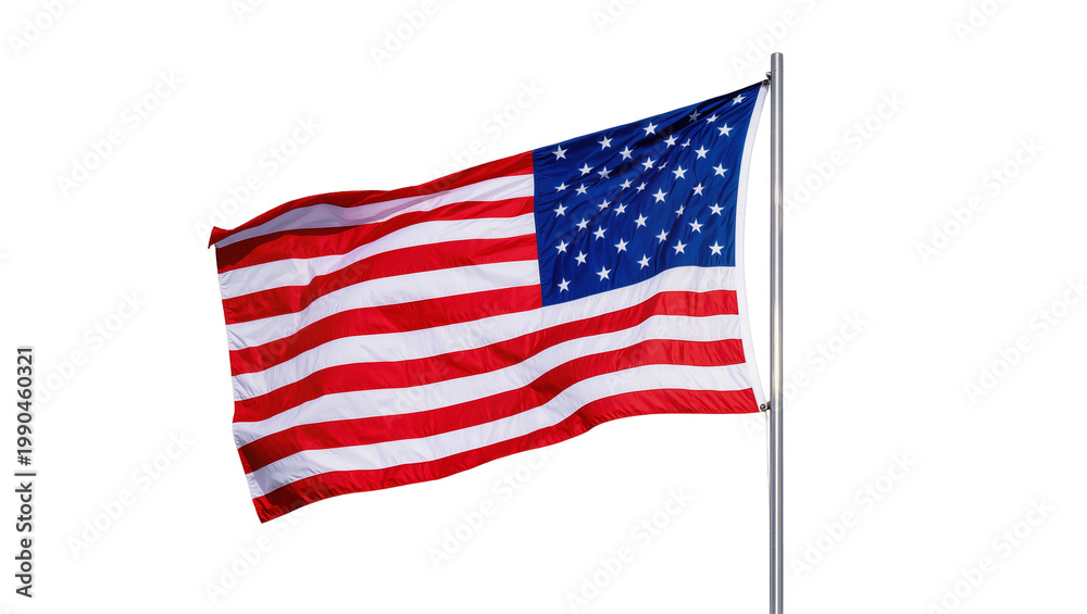 Obraz premium Waving American flag with red and white stripes and blue field with stars, isolated on transparent background
