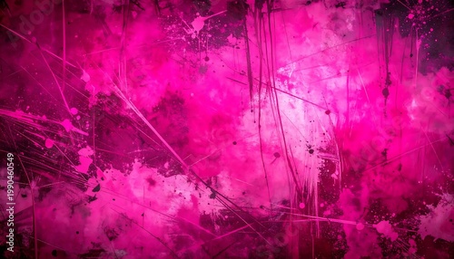 Vibrant Abstract Magenta Grunge Texture With Black Paint Splatters And Artistic Scratches On A Dark Moody Background
