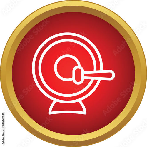 Asian gong instrument with a mallet on a red circle background with gold border