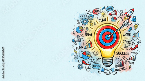 Business strategy and innovation concept with lightbulb target and arrow hitting bullseye surrounded by hand-drawn success icons