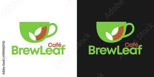 Minimalist BrewLeaf Café Logo Design Set Featuring a Green Coffee Cup Icon with Integrated Tea Leaves and Brown Accents for Modern Eco-Friendly Coffee Shops or Organic Tea House Branding Identity