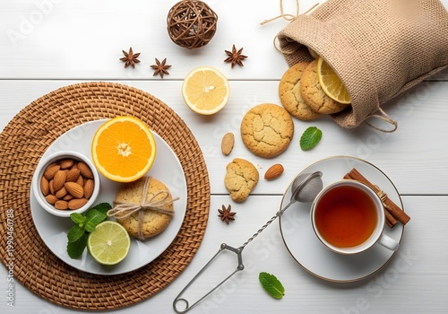 Aromatic tea alongside delectable cookies with citrus slices and various spices creates a cozy, inviting setup for a calming break, presented with a rustic, yet refined aesthetic that exudes
