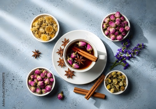 The aromatic herbal tea, crafted with rosebuds, chamomile, violet blossoms, and cinnamon sticks, presents a soothing and visually appealing beverage on a mottled surface under natural