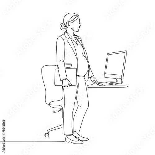 Pregnant businesswoman standing in office. Continuous line art illustration. Professional work concept