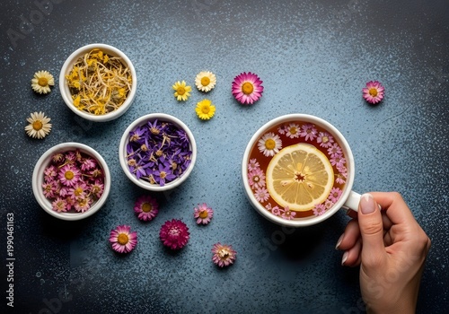 A cup of aromatic herbal tea with lemon and floral decorations offers a soothing beverage experience, showcasing the natural ingredients and thoughtful presentation enjoyed on a textured surface