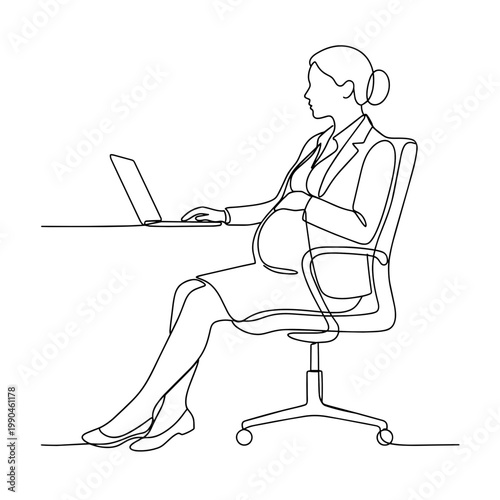 Pregnant professional sitting at desk. Continuous line art illustration. Work and technology concept