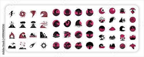 Nature Forces web Icon Collection Vector Silhouette Symbols of Storm, Tornado, Volcano, Wave, 
Fire, Wind, Earthquake and Natural Disaster Elements
