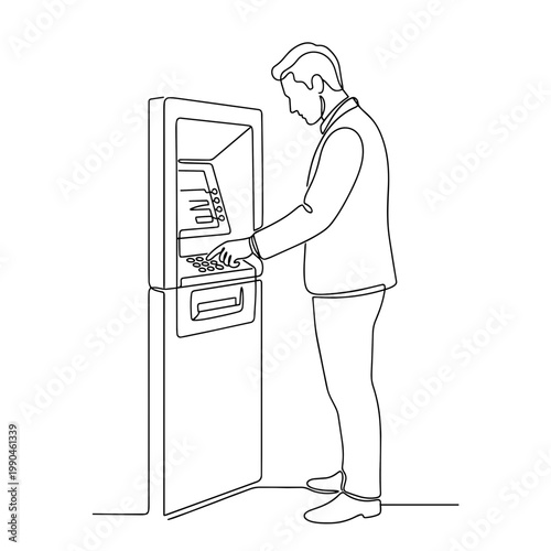 Man using ATM. Continuous line art illustration. Banking concept. Vector graphic isolated on white background