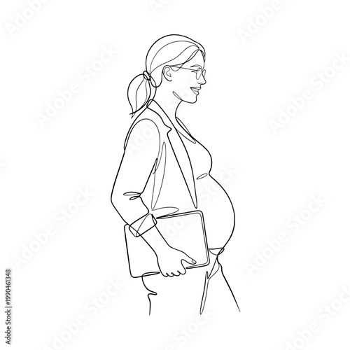 Pregnant entrepreneur smiling. Continuous line art illustration. Professional business concept