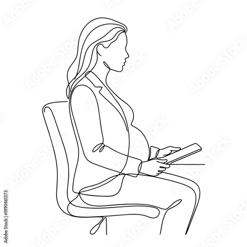 Pregnant manager sitting with tablet. Continuous line art illustration. Professional work concept