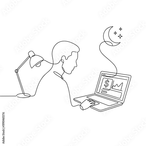 Online banking and financial analysis. Night work concept. Continuous line art vector illustration