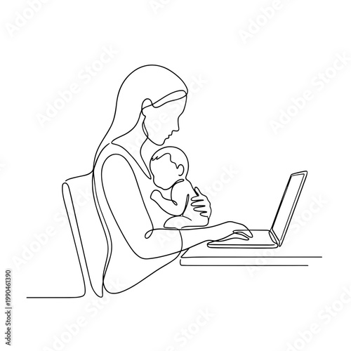 Mother with baby working on laptop. Continuous line art illustration of motherhood and work. Minimalist vector graphic