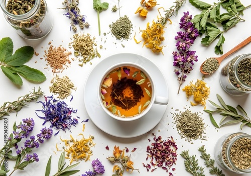 Various aromatic dried herbs and colorful flowers are arranged creatively around a steaming cup of holistic herbal tea, suggesting a focus on wellness and natural remedies for a balanced