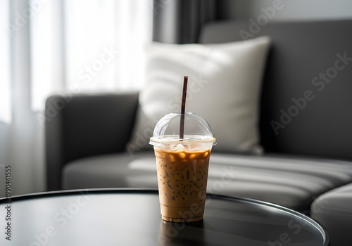 A captivating scene unfolds as an iced coffee beverage graces a dark surface, its refreshing essence enhanced by the sofa and a cushion, crafting a dreamy ambiance that beckons relaxation