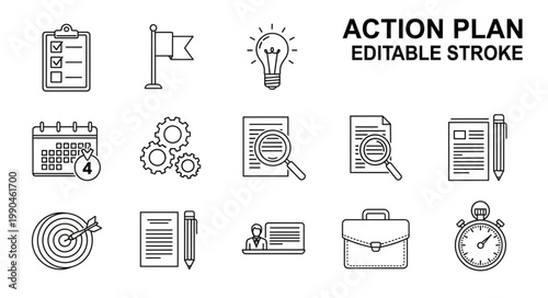 Business Action Plan Icons Set Editable Stroke.