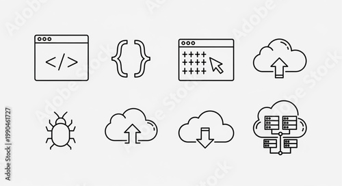Collection of technology icons for web development and cloud computing.