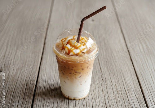 Enjoy an Iced Caramel Macchiato A refreshing treat is presented in a clear plastic cup, complete with a straw and drizzled with sweet caramel on a wooden surface, offering a delightful beverage