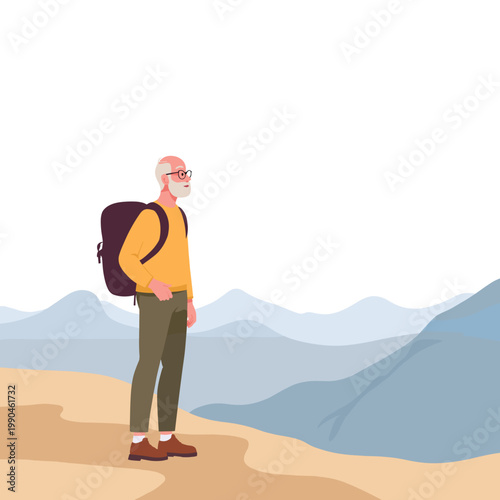 Elderly man hiking with backpack while standing on mountain trail. Elderly set  