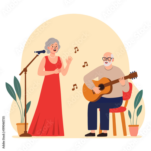 Elderly woman singing while man playing guitar in cozy indoor setting. Elderly set  