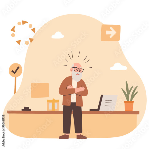 Elderly man looking confused while standing in modern office space. Elderly set  
