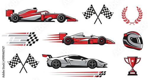 Racing Cars and Symbols Illustration Set.