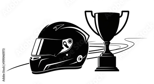 Racing Helmet and Trophy on Track.