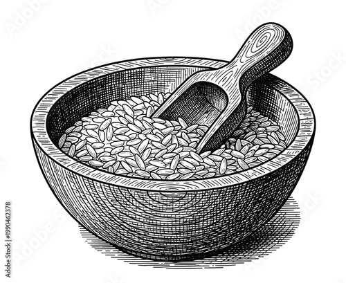 Wooden bowl filled with rice grains and scoop hand drawn vector vintage etching.