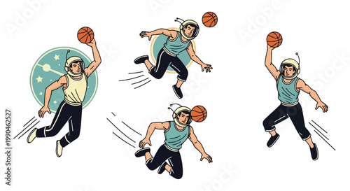 Astronaut playing basketball vector illustration set