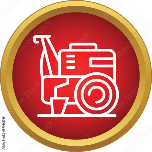 Snow blower machine outline icon in a red circle, representing winter cleaning