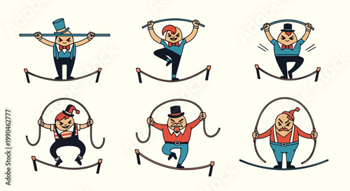 Cartoon acrobats balancing on rope performing circus act