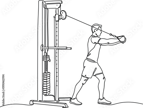 Man performing cable machine workout line art illustration, gym fitness training exercise with resistance equipment and strength conditioning concept