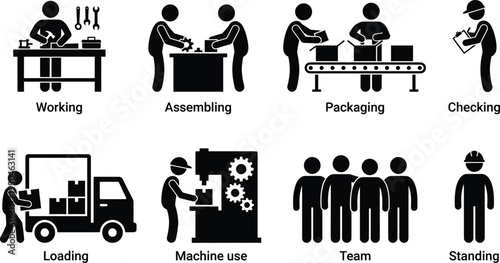 Illustrations of various workplace and production activities in a factory environment Vector