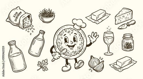 Vintage 1930s Rubber Hose Style Risotto Mascot and Italian Cooking Ingredients Set