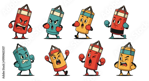 Cartoon boxing bag characters with various expressions