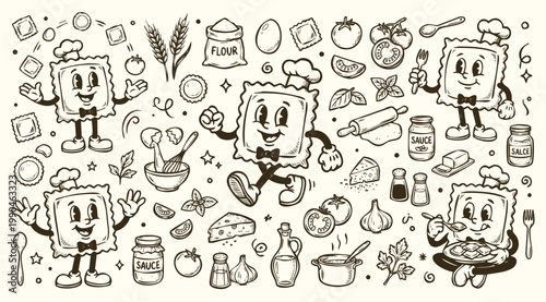 Vintage 1930s Rubber Hose Style Ravioli Mascot and Italian Pasta Ingredients Set
