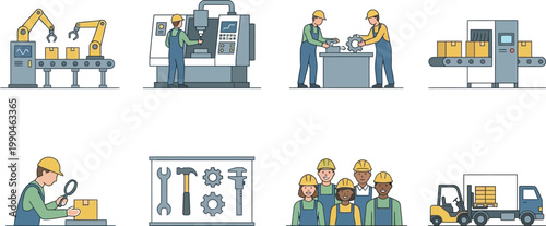 Illustrated overview of various industrial and manufacturing processes Vector