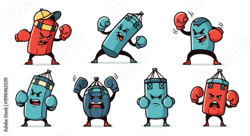 Cartoon boxing bags with expressions and gloves on white background