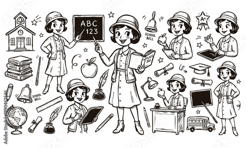 Vintage 1930s Style Teacher Mascot and Education School Doodle Set